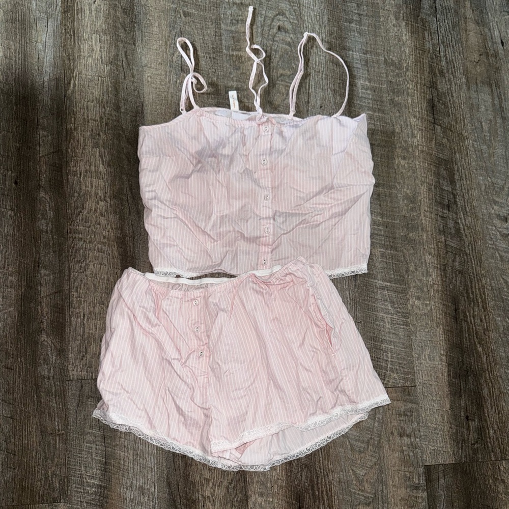 Striped Light Pink Lace-Trim Cami and Shorts Sleep Set